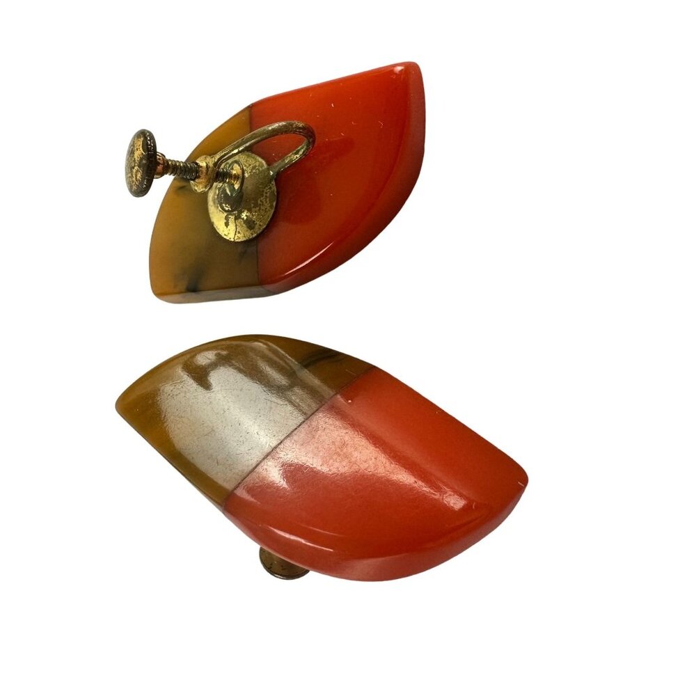 Vintage Bakelite Half-Moon Orange & Brown Screw-Back Earrings
